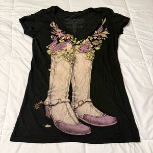 Idylle Black Graphic Tee Boots Floral Bird Print – Size L